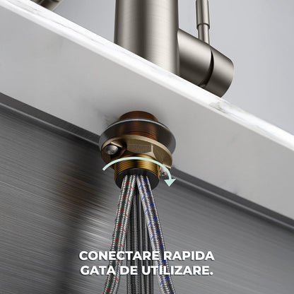 Baterie Bucatarie Elindor®, Robinet Profesional cu Pipa Flexibila, Cap de Dus cu 2 Functii, Jet Reglabil, Montaj Simplu, Rezistenta La Coroziune, Otel Inoxidabil, Chrom