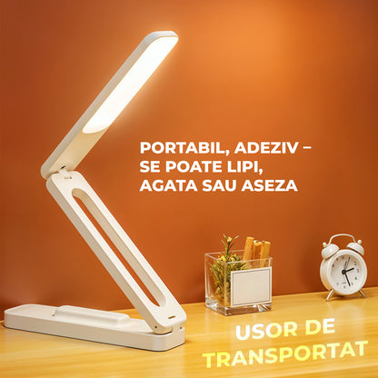 Lampa de Birou Elindor® Alba cu LED Integrat, Incarcare USB si cu Acumulator, 3 Moduri Lumina Camera Rece/Cald, Comanda prin Buton, Veioza Pliabila cu Brat Reglabil, Compacta si Portabila, pentru Birou, Dormitor, Hol, Living, 21 × 42 × 5 cm