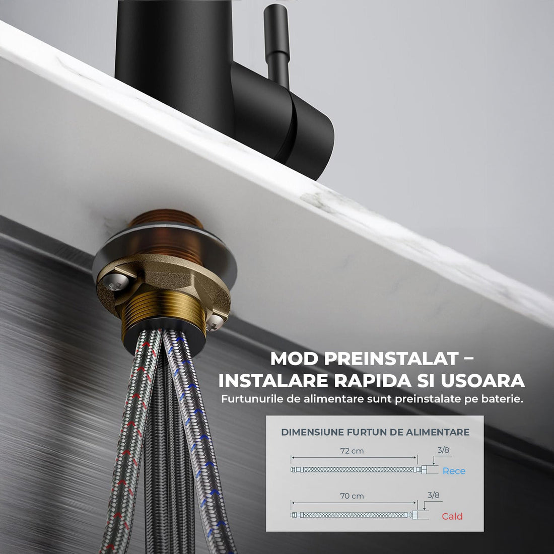 Baterie Chiuveta Bucatarie Neagra Elindor®, Robinet de Apa Lavoar, Modern cu Pipa Flexibila, Cap Dus Extractabil cu Doua Functii, Jet Reglabil, Monocomanda, Rotativ 360°, Otel Inoxidabil, Finisaj Mat