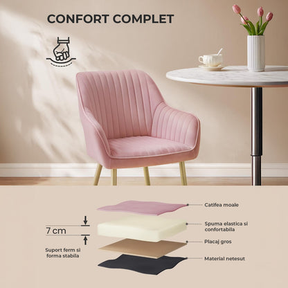 Set 2 Scaune Elindor® Ergonomice, Design Contemporan, Scaun cu Spatar si cu Manere, din Catifea cu Picioare Metalice Aurii, Potrivite pentru Living, Bucatarie, Birou, Dormitor, Latime Sezut 49 cm, 55.5 x 43 x 83 cm, Roz