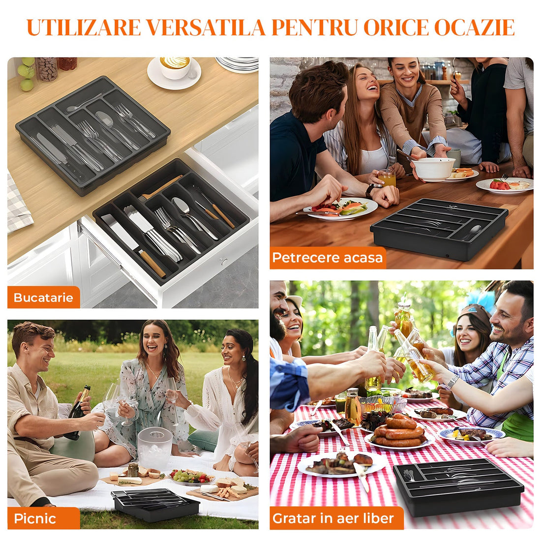 Organizator pentru Tacamuri Negru Elindor® Ustensile de Bucatarie, 6 Compartimente Depozitare, Suport pentru Cutite, Linguri, Furculite, Accesorii Bucatarie, Separator Sertar, 33x30x5.3 cm, PP fara BPA