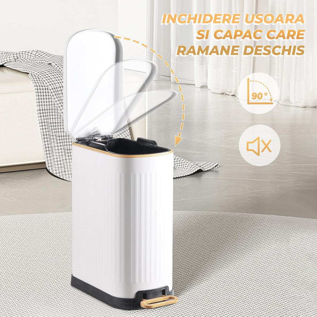 Cos de Gunoi pentru Baie cu Pedala Elindor® Metalic 13 L, Incorporabil, Functie Soft-Close, Capac Anti-Miros, Interior din Plastic, Pubela Slim pentru Bucatarie, Birou, Camera, Colectare Hartie Igienica si Deseuri, Design Compact si Modern, 34x17x39 cm, A