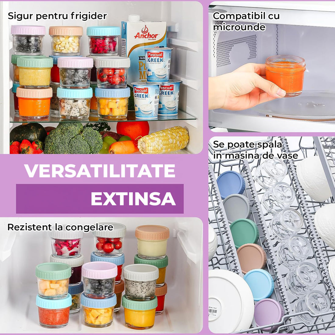 Set 12 Recipiente Elindor® pentru Hranire Bebelusi, pentru Diversificare, Hranire si Alaptare, Ideale pentru Lapte Praf, Sticle pentru Mancare, din Sticla, fara BPA, 6 x 6.2 cm, Multicolor