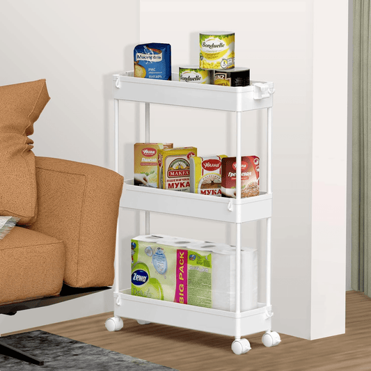 Carucior de Depozitare Slim Elindor®, Organizare, 3 Niveluri, Carlige pentru Chei, Organizator Multifunctional pentru Baie, Birou, Bucatarie, Spalatorie, Locuri Inguste, ABS, Alb