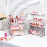 Organizator Machiaj Elindor®, 3 Sertare, Suport Rujuri, Pensule si Produse Cosmetice, Transparent