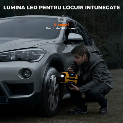 Compresor Auto Portabil Elindor® 150 PSI, Alimentare Dubla AC/DC, Galben