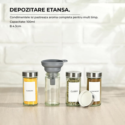 Set 12 Recipiente Condimente Elindor® din Sticla cu Capac Inox, cu Sita, Organizator Bucatarie, Organizatoare Sertar, Borcane 100 ml, 2 Tipuri de Etichete Albe si Negre, Palnie din Silicon, 2x Pix Inclus, Perie de Curatare, Accesorii Depozitare