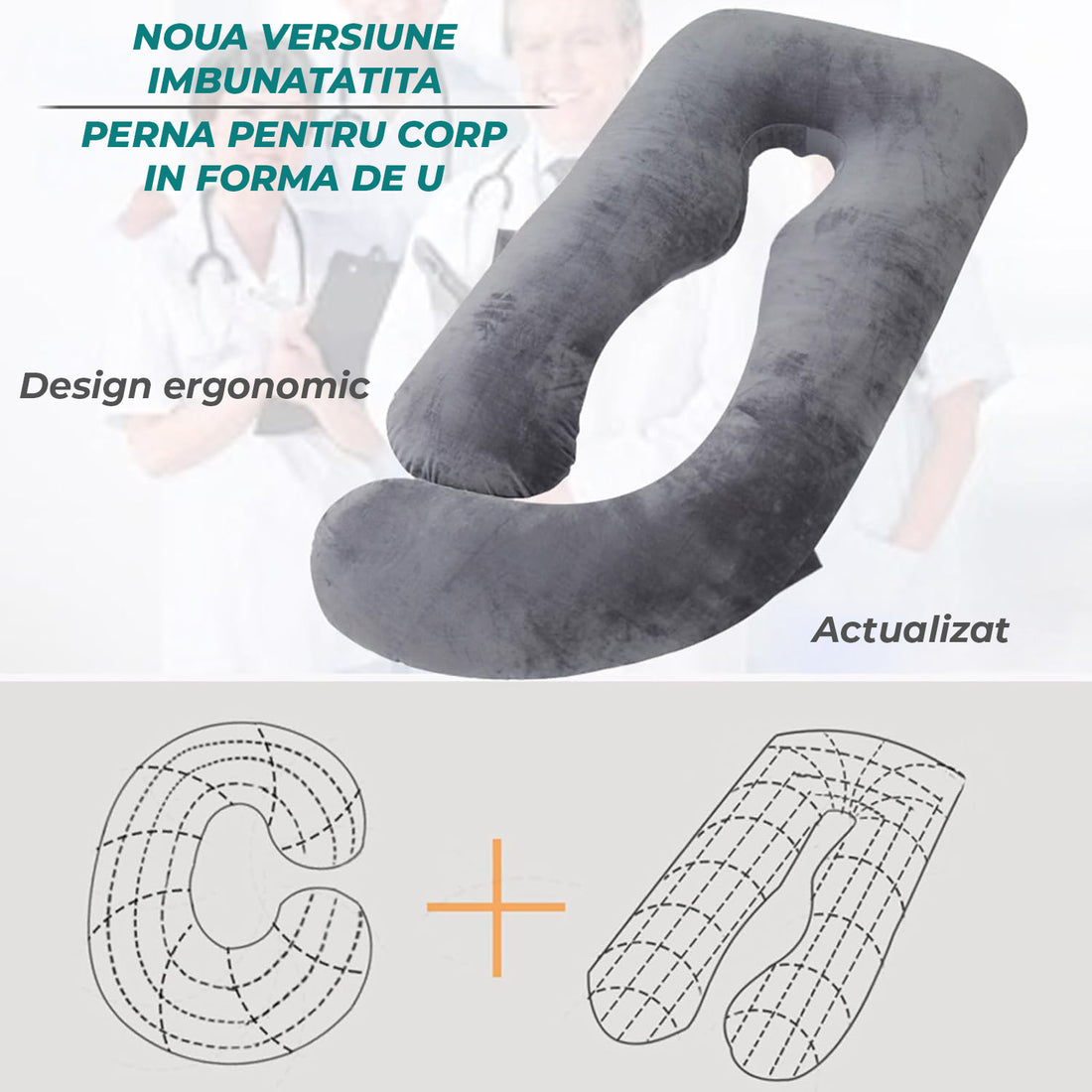 Perna Gravide si Alaptare Elindor®, Multifunctionala, Forma de U, Husa din Bumbac Satinat Detajabila, Lavabila, Suport Burta, Picioare, Cap, Gat, Spate, Ideala Pentru Formit Lateral, 2 kg, 79 x 152  cm, Gri