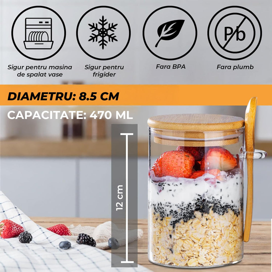 Set 4 Recipiente din Sticla Elindor®, Borcane cu Capac pentru Mic Dejun, Iaurt, Fulgi, Desert, Budinca, Gustari,  470 ml, Dimensiuni 8.5×8.5×12 cm, Transparent