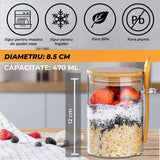 Set 4 Recipiente din Sticla Elindor®, Borcane cu Capac pentru Mic Dejun, Iaurt, Fulgi, Desert, Budinca, Gustari,  470 ml, Dimensiuni 8.5×8.5×12 cm, Transparent