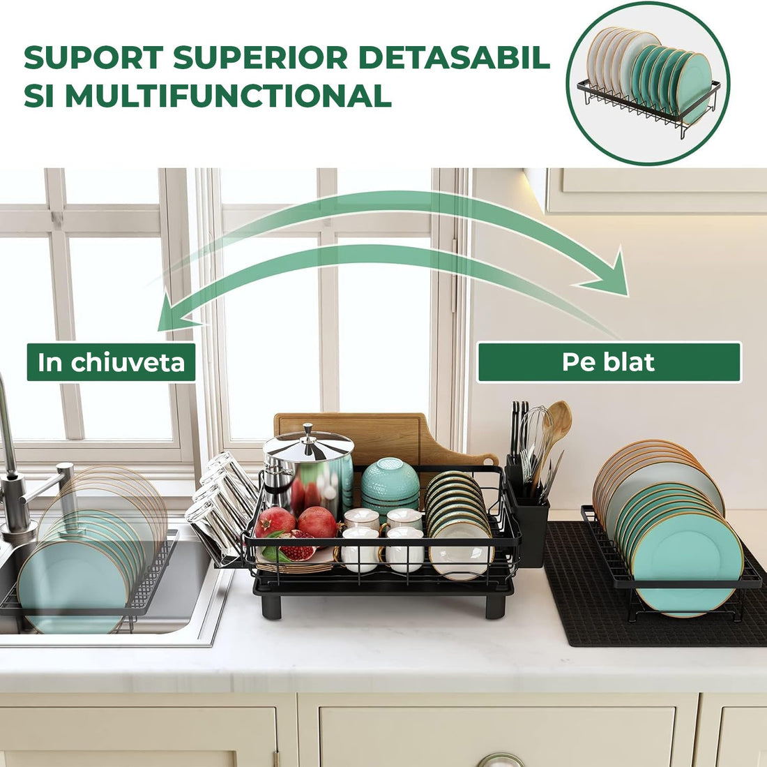 Scurgator Vase Etajat Elindor®,  Suport Uscat Vesela Pentru Chiuveta, Uscator Ideal pentru Farfurii, Tacamuri, Capace, Tigai, Pahare, Tava din Plastic cu Scurgere Automata, Organizator Metalic Bucatarie Multifunctional, 43.5 x 33 x 11 cm, Negru