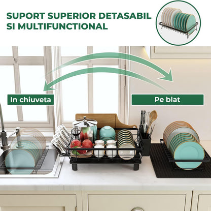 Scurgator Vase Etajat Elindor®,  Suport Uscat Vesela Pentru Chiuveta, Uscator Ideal pentru Farfurii, Tacamuri, Capace, Tigai, Pahare, Tava din Plastic cu Scurgere Automata, Organizator Metalic Bucatarie Multifunctional, 43.5 x 33 x 11 cm, Negru