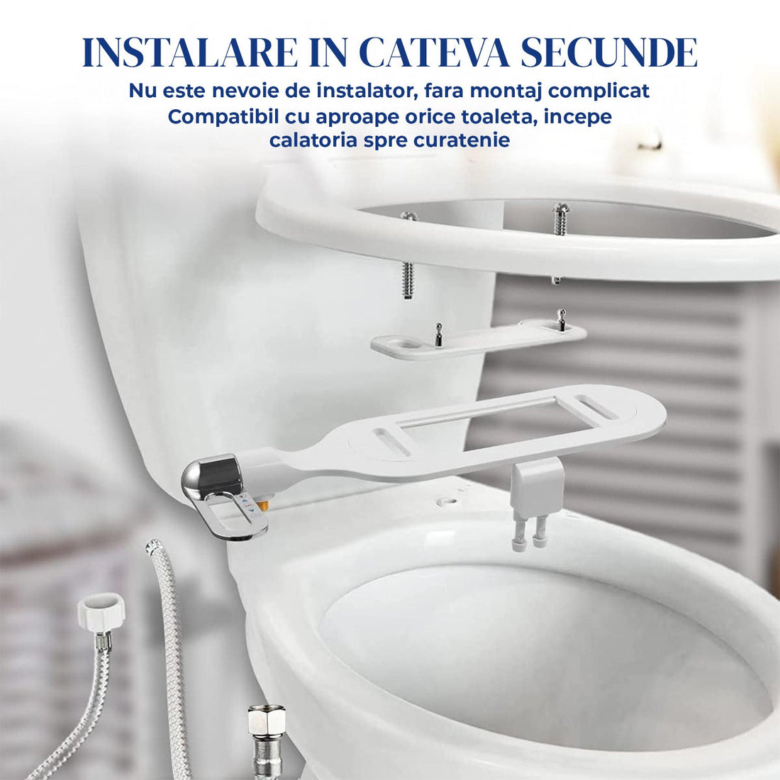 Bideu Retractabil Elindor® Ultra Subtire, pentru Toaleta cu Functie de Auto Curatare, Non Electric, Buton Control de Presiune, pentru Igiena Personala, Apa Rece, Kit Accesorii WC, Sistem Bidet pentru Colac si Capac de Toalete, Set pentru Baie, Alb