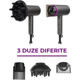 Uscator de Par Elindor®, 1800W, Tehnologie cu Ioni Negativi, 3 Trepte de Temperatura si Viteza, Jet de Aer Rece, 3 Duze pentru Coafare, Design Compact si Pliabil, Negru/Mov