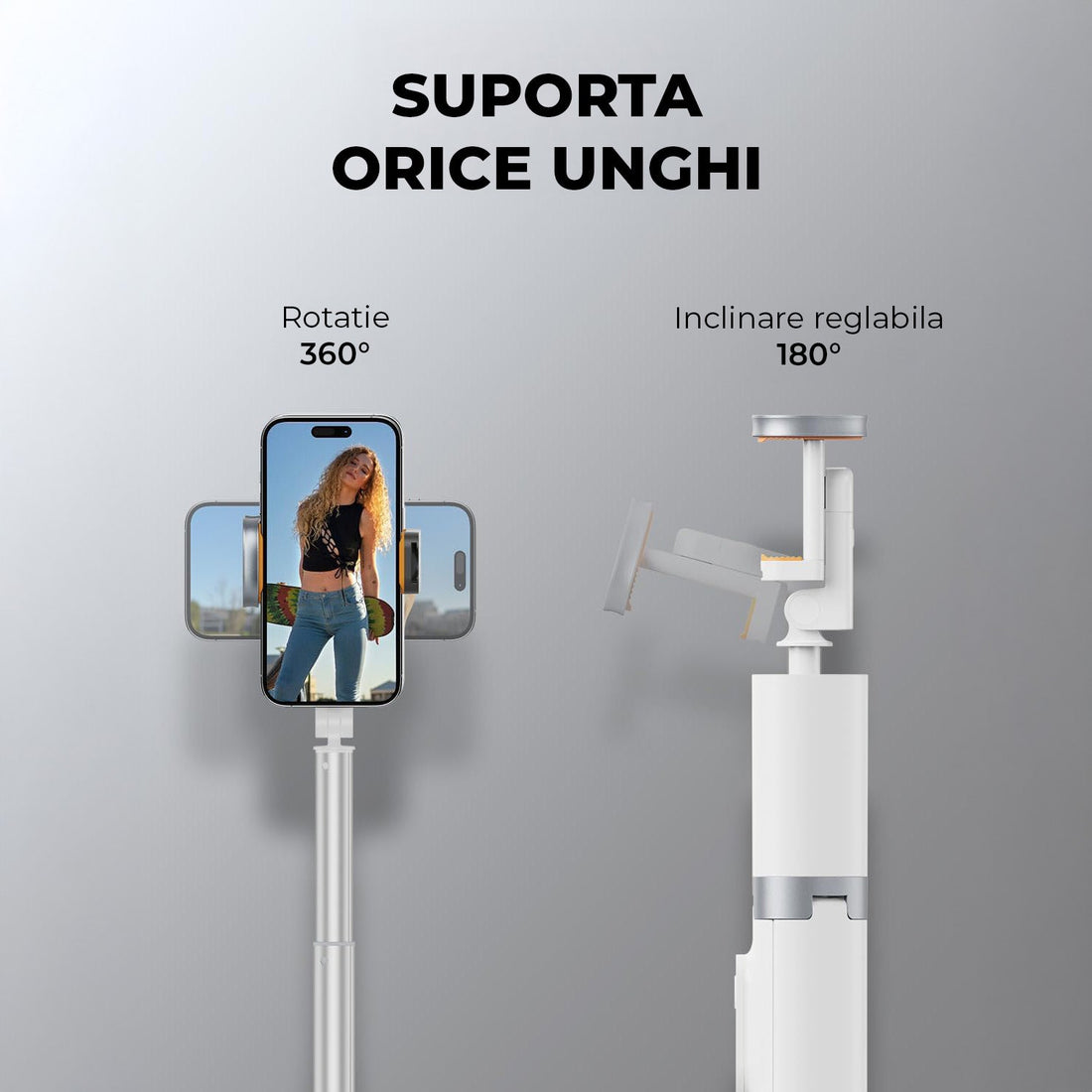 Trepied Foto Telescopic Profesional Elindor® Stativ Telefon 2-in1, cu Telecomanda Bluetooth si Functie Selfie Stick, Compatibil iPhone / Android, Tripod Universal, Suport Durabil si Usor, Unghi Ajustabil 180°, 32-159 cm, pentru Foto / Video, Alb