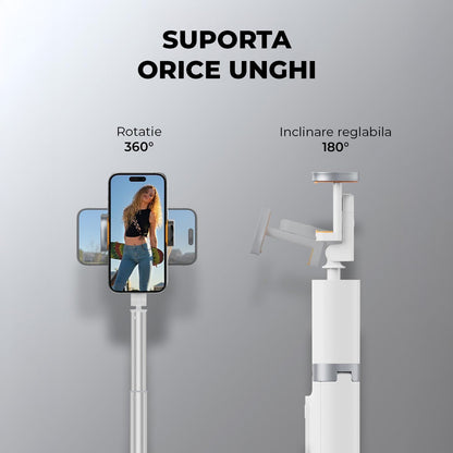 Trepied Foto Telescopic Profesional Elindor® Stativ Telefon 2-in1, cu Telecomanda Bluetooth si Functie Selfie Stick, Compatibil iPhone / Android, Tripod Universal, Suport Durabil si Usor, Unghi Ajustabil 180°, 32-159 cm, pentru Foto / Video, Alb