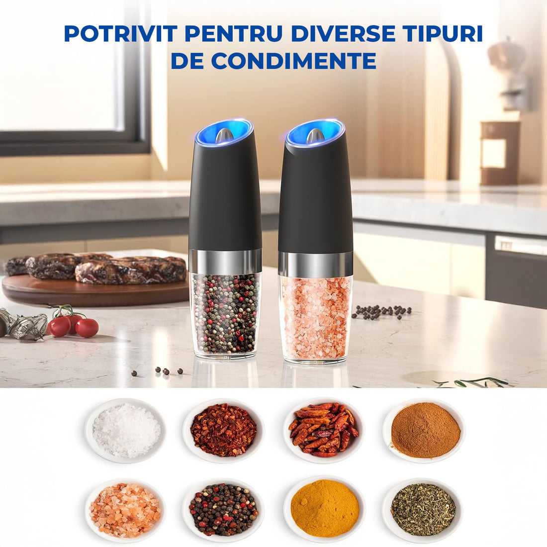 Set 2 Rasnite Electrice Elindor® Rasnita Electrica Led pentru Sare si Piper, Solnita si Pipernita din Sticla, Recipient Condimente cu Senzor Gravitational, Reglare Grosime Macinare, Operare cu o Mana, pentru Bucatarie, 135 ml, 20 x 6.3 cm, Transparent / N