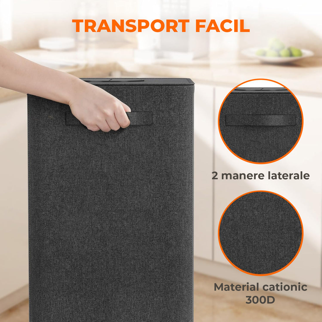 Cos pentru Reciclare Elindor® Capacitate 100L, din Material Textil cu Capac Ranforsat, Multifunctional, pentru Bucatarie sau Camara, Cos Gunoi Potrivit pentru Colectare Selectiva a Sticlelor de Plastic, 42 x 32 x 75 cm, Negru