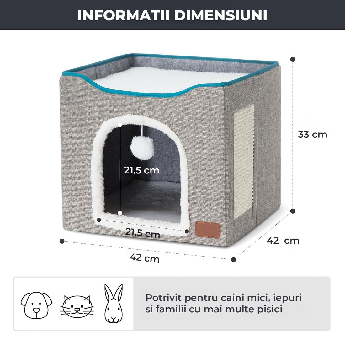 Pat pentru Pisici si Caini Elindor®, Culcus cu Interior Pliabil, Cu Baza Detasabila, Perna Confortabila, Jucarie Agatata, Zona de Ascutit Gheare, Ascunzatoare pentru Odihna si Joaca, 42×42×33 cm, Gri