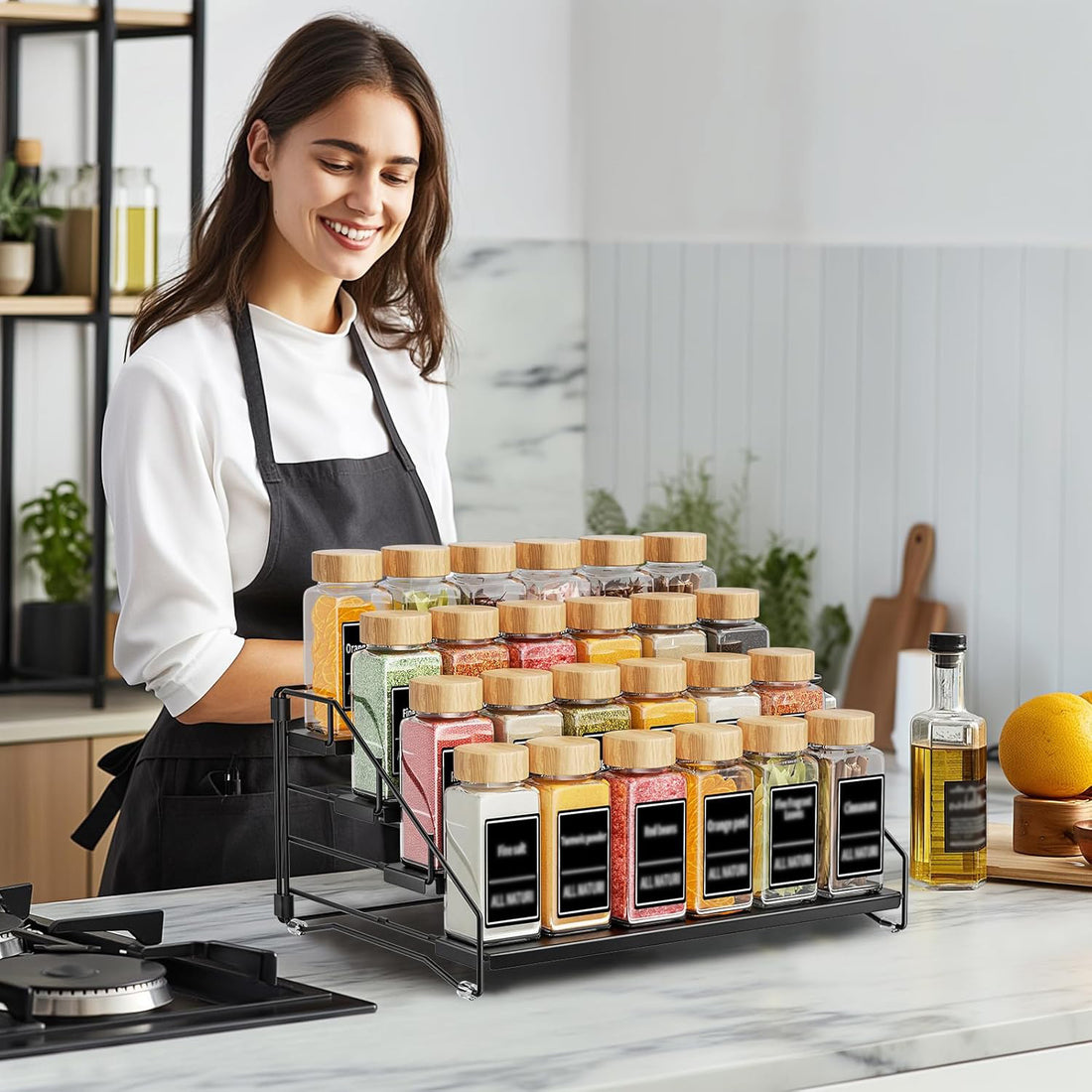 Organizator Condimente Elindor® pe 4 Niveluri, Suport Organizare, pe Blat sau in Dulap, sub Chiuveta, Suport Metalic, pentru Bucatarie, Baie, Camara, Bar, Raft cu Sertare Depozitare Condimente, 25.5 × 34 × 16 cm, Negru