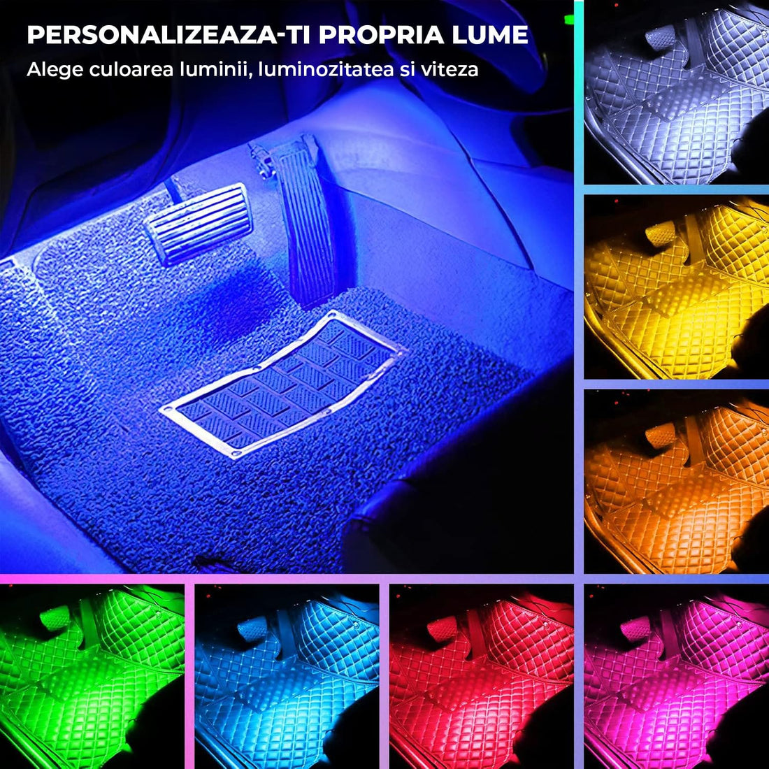 Lumini Interioare Auto Elindor®, 4 Benzi LED, Control Wireless, 8 Culori RGB