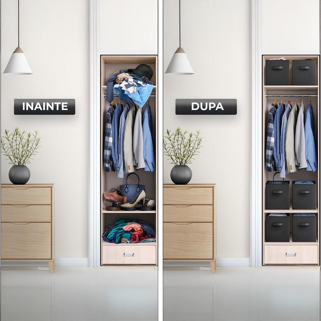 Set 6 Cutii Depozitare Elindor® Pliabile, Tip Sertar, Organizator pentru Dormitor Studentesc, Organizatoare pentru Dulap, Cutie Organizare, Cos Multifunctional, Separator Haine, Paturi, Jucarii, Pentru Dormitor, Living, 26.5 x 26.5 x 28 cm, Negru