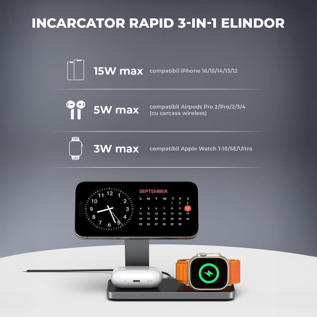 Incarcator Wireless 3 in 1 Portabil Magsafe Elindor®, 15W Qi Fast Charger, Stand Magnetic Pliabil de Birou, Charging Station pentru Apple Watch, AirPods, Telefon Compatibil iPhone, Incarcatoare fara Fir, Statie de Incarcare, Negru
