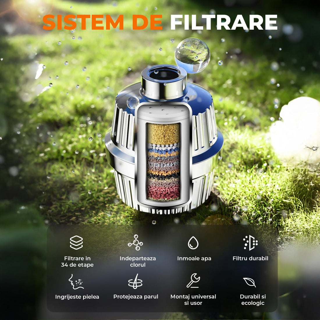 Filtru de Purificare Apa Argintiu Elindor® pentru Para de Dus Aparat de Filtrat cu 34 Stagii de Filtrare, Infuzie de Minerale si Vitamina C, Elimina Clorul, Metalele Grele, Impuritatile si Mirosurile Neplacute, Anticalcar, Purificator Apa de Baie