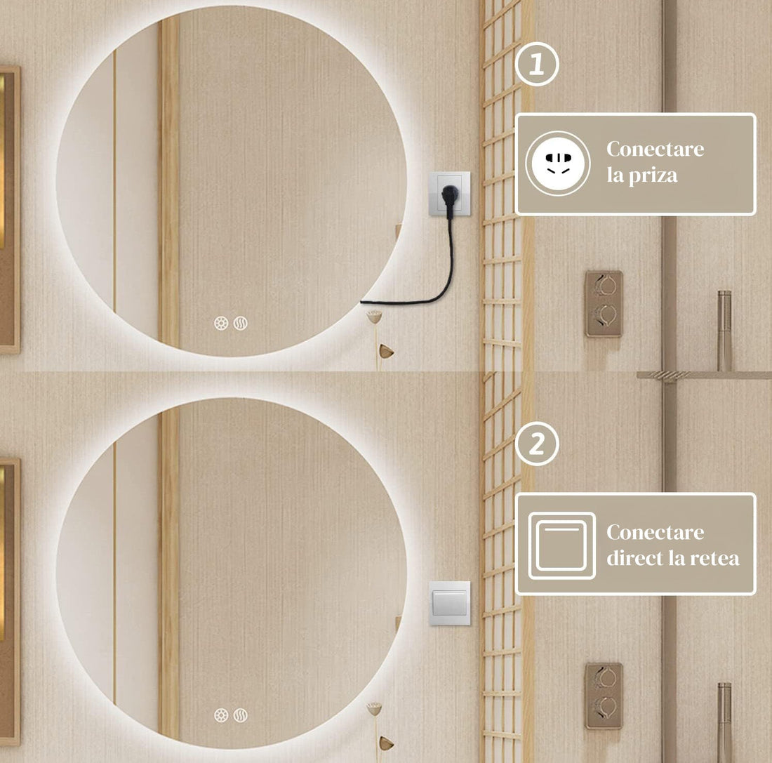 Oglinda Rotunda de Perete pentru Baie Elindor® cu Iluminare LED, 3 Culori de Lumina, Luminozitate Reglabila, Touch Control, Anti-Aburire, Anti-Spargere, Memorie Lumina, Marime 91.4 cm