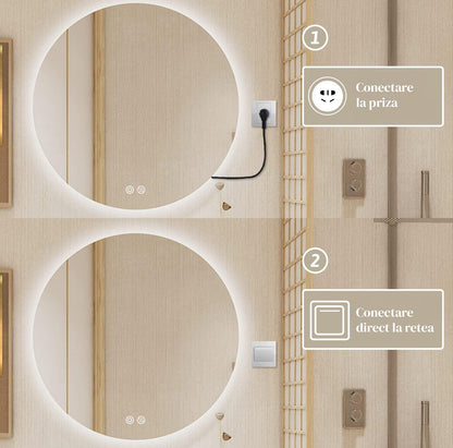 Oglinda Rotunda de Perete pentru Baie Elindor® cu Iluminare LED, 3 Culori de Lumina, Luminozitate Reglabila, Touch Control, Anti-Aburire, Anti-Spargere, Memorie Lumina, Marime 91.4 cm