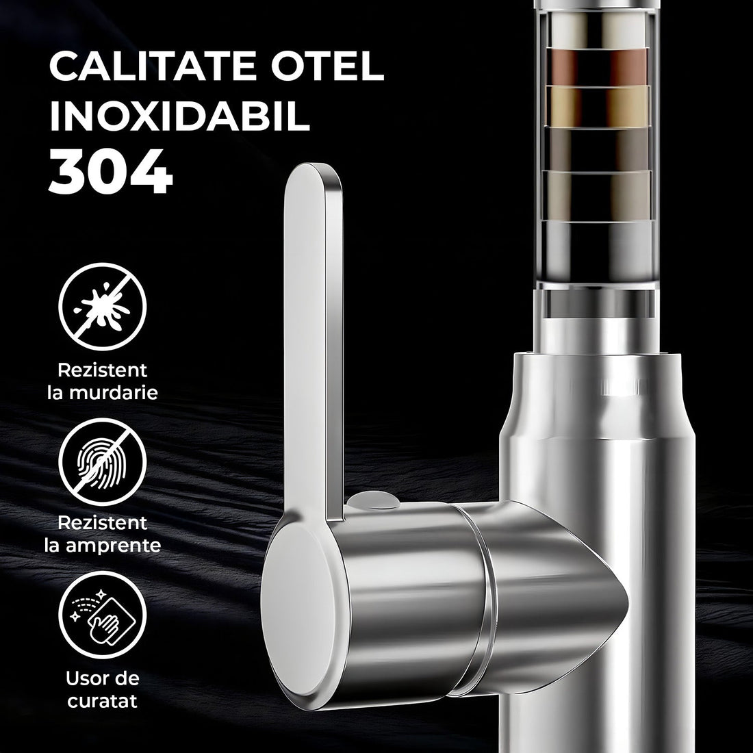 Baterie Chiuveta Bucatarie Argintie Elindor®, Robinet de Apa Modern, cu Pipa Inalta, Jet Reglabil si Aerisit, Monocomanda, Rotativ 360°, Otel Inoxidabil, Finisaj Lucios