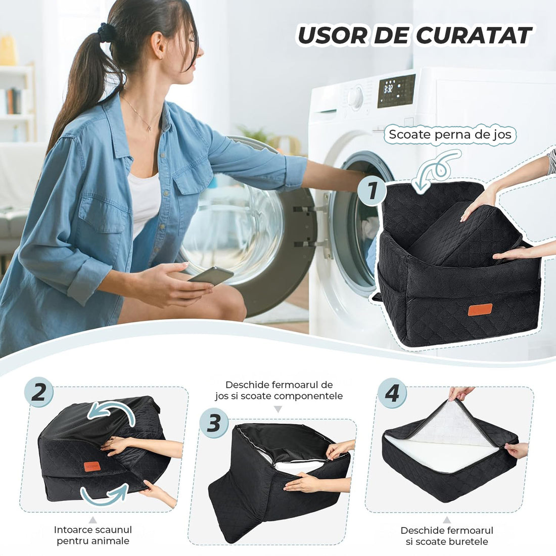 Scaun Auto Elindor® pentru Transport Animale, Caini si Pisici, Talie Mica si Medie, Protectie Scaun Sezut / Spatar, Ofera Protectie Pentru Bancheta Spate Masina Taxi/Ride Sharing, Impermeabila, Antialunecare, 52.6 x 52.6 x 48 cm, Negru