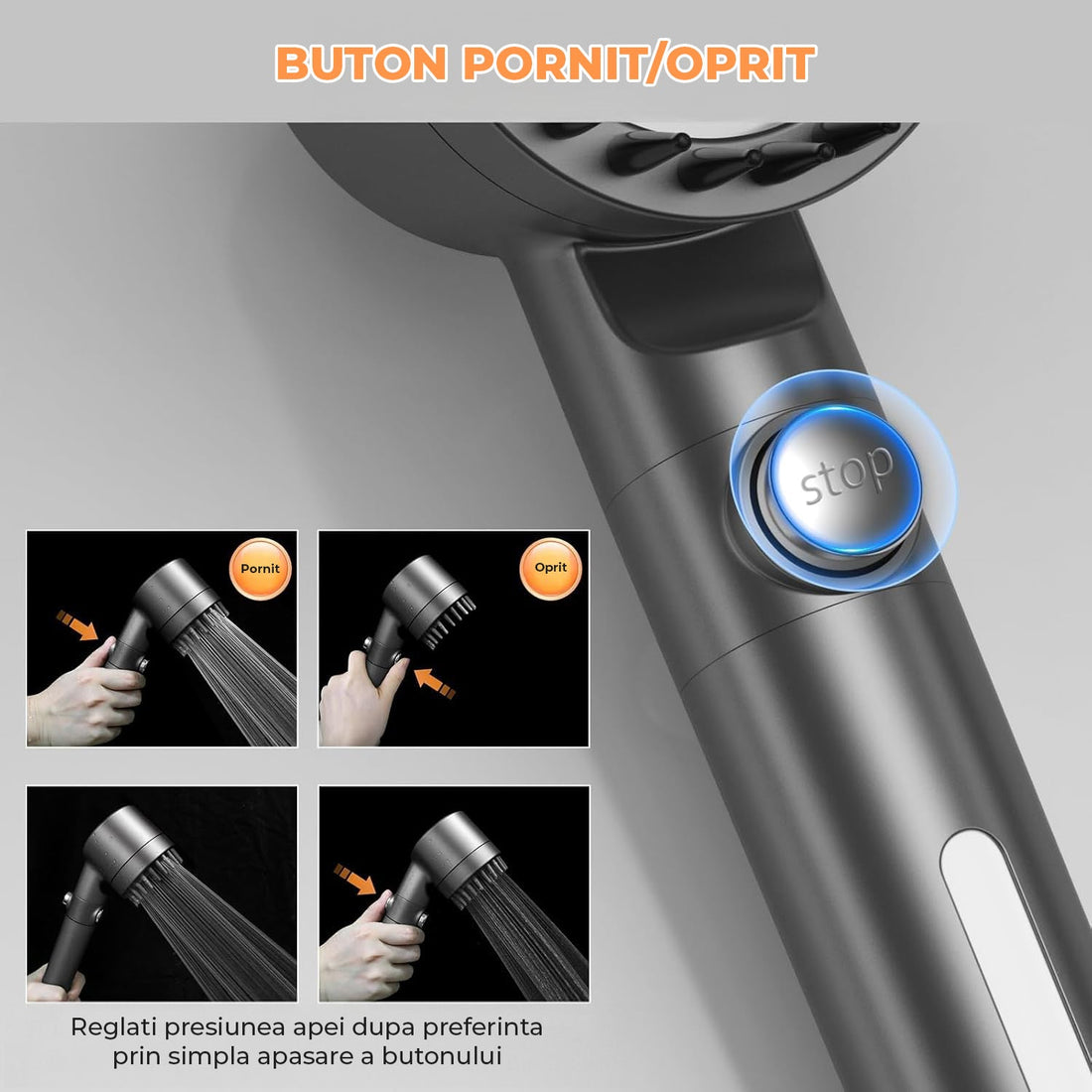 Para Dus cu Filtru 15 Straturi Elindor® Elimina Clor, Metale Grele, Impuritati, 4 Tipuri Jet, Perie Masaj Silicon, Furtun 1,5 m, Instalare Rapida, Pachet Complet cu Garnituri si Banda Etansare, Gri