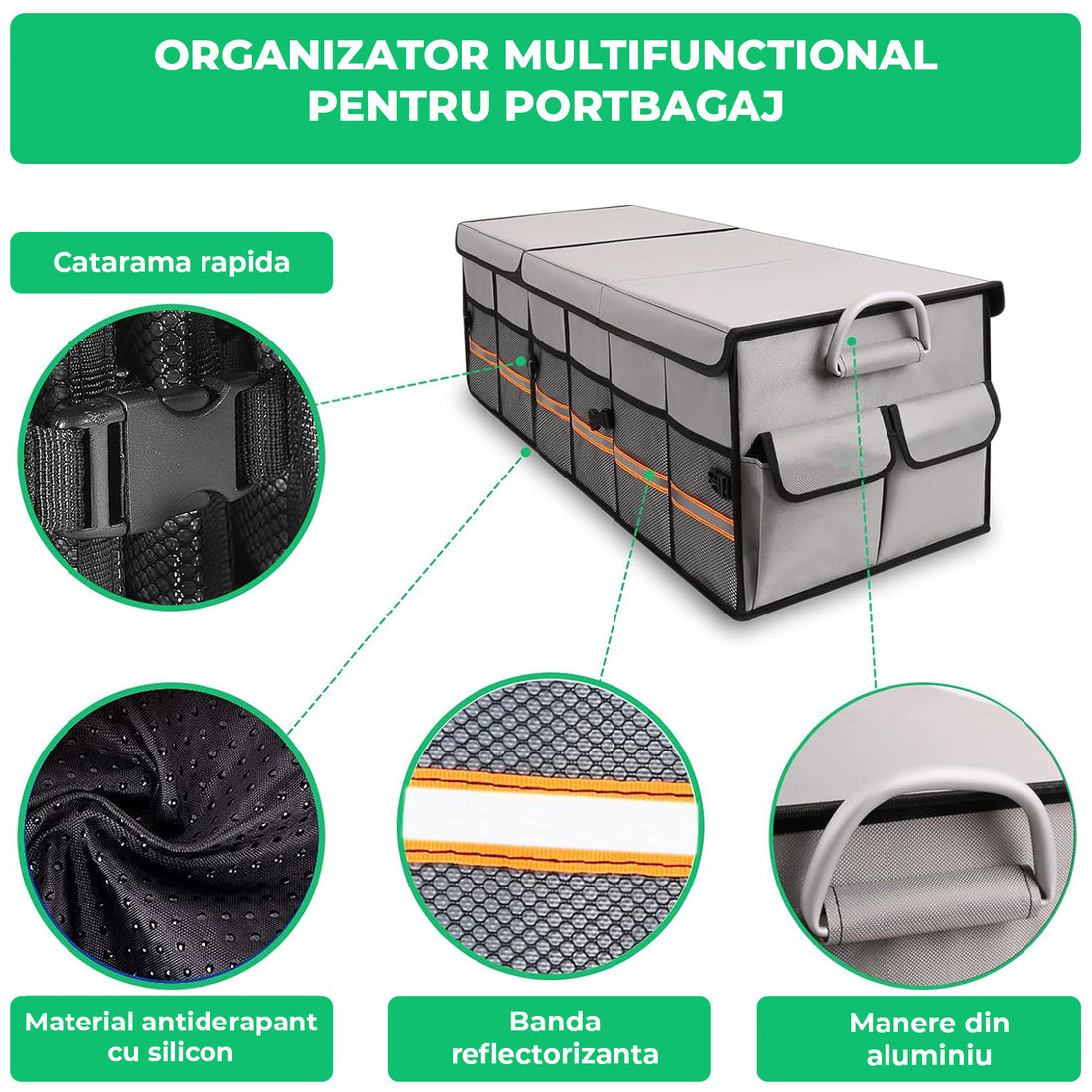 Organizator Auto Portbagaj Elindor®, Antiderapant, Impermeabil, Pliabil, Compartimente Multiple, Organizator Cargo pentru SUV, Depozitare Portbagaj, Dimensiuni 89 x 35 x 30 cm, Manere Aluminiu, Banda Reflectorizanta, Accesorii Auto, Gri