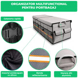 Organizator Auto Portbagaj Elindor®, Antiderapant, Impermeabil, Pliabil, Compartimente Multiple, Organizator Cargo pentru SUV, Depozitare Portbagaj, Dimensiuni 89 x 35 x 30 cm, Manere Aluminiu, Banda Reflectorizanta, Accesorii Auto, Gri