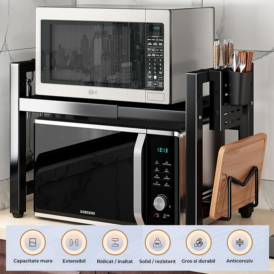 Raft Elindor® din Otel Carbon, Extensibil pentru Bucatarie, Organizator Metalic Reglabil, Ideal ca Etajera Depozitare Deasupra Cuptorului cu Microunde in Camara sau Birou, Perfect pentru Condimente, Vesela, Farfurii, Stabil si Compact, Polita pentru Obiec