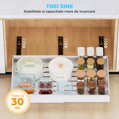 Organizator Multifunctional Elindor® Tip Sertar, cu Adeziv, Suport Metalic Dulap sub Blat Chiuveta, Inaltime Reglabila, 2x Sertar Glisant Organizare pentru Bucatarie, Baie, Camara, Bar, Raft cu Sertare Depozitare Detergenti, Parfumuri, 32-53x42x8 cm, Alb