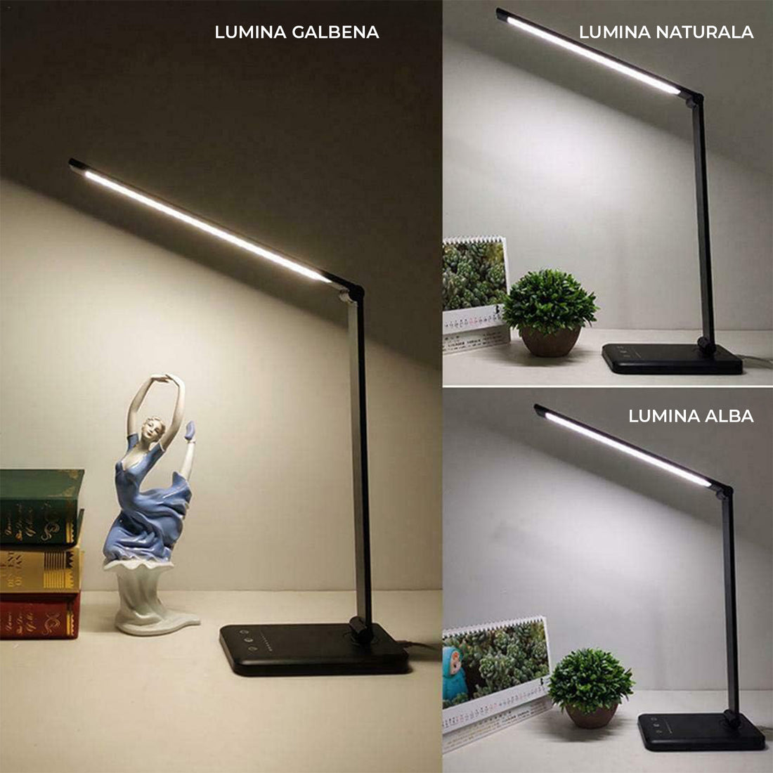 Lampa de Birou Elindor® Neagra cu LED, Pliabila, Incarcare USB si Incare Wireless Telefon, 5 Moduri Lumina Camera Rece/Cald si 5 Intensitati, Veioza Control prin Atingere, Potrivita si pentru Noptiera in Dormitor, Oprire Automata, 39 x 3 x 10,8 cm