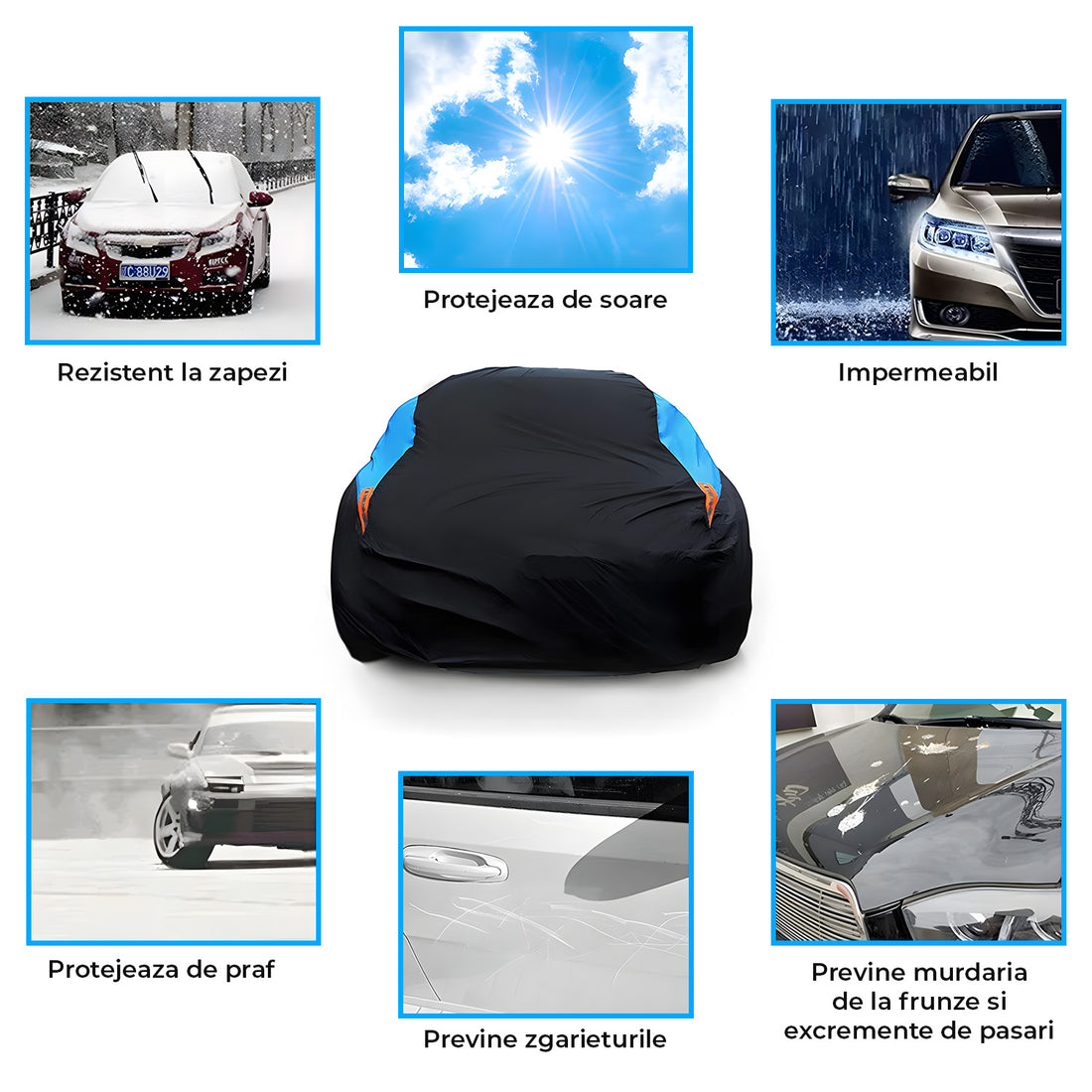 Prelata Auto Premium Elindor® Impermeabila, Antigrindina, Protectie UV Anti Soare , Praf si Zapada, Husa Auto Exterior Universala pentru Masina, Marime Hatchback M 382*165*120 cm, Negru