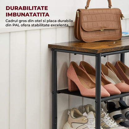 Organizator pentru Pantofi Elindor® Pantofar cu 5 Nivele Mari, Fara Gauri, Suport Metalic pentru Papuci, Dulap Hol, Dormitor, Economisire Spatiu, Depozitare Incaltaminte, 75 x 30 x 91 cm, Negru/Maro