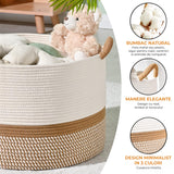 Cos de Rufe Elindor® Ideal pentru Haine Murdare, Jucarii, Diverse Obiecte, Recipient Sortare Rotund de 65 L, pentru Casa, Baie, Living, Hol, Camera Copiilor sau Hotel, 50×50×33 cm., Impletit din Franghie din Bumbac, Alb / Maro