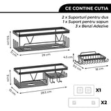 Set 3 Rafturi Elindor® pentru Duș, din Oțel Inoxidabil, Adeziv Puternic, Negru