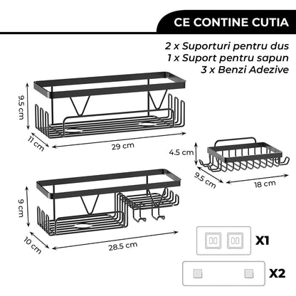 Set 3 Rafturi Elindor® pentru Duș, din Oțel Inoxidabil, Adeziv Puternic, Negru