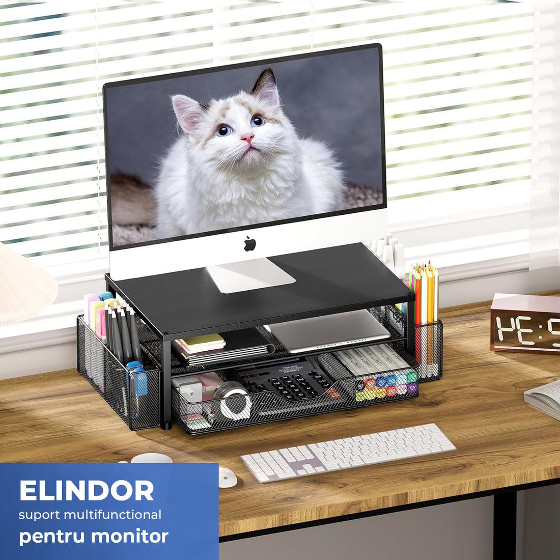 Suport Birou Elindor® pentru Monitor sau Laptop, Organizator Universal, Multifunctional, Antiderapant, Spatiu Lateral Pixuri, Sertar Glisant, pentru Masa, Ideala la Munca sau Acasa, 40 x 24 x 16 cm, Negru