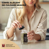 Set 24 Recipiente Condimente Elindor® din Sticla cu Capac Metalic Negru, cu Sita, Organizator Bucatarie, Organizatoare Sertar, Borcane 120 ml, 2 Tipuri de Etichete, Palnie Metalica, Transparent