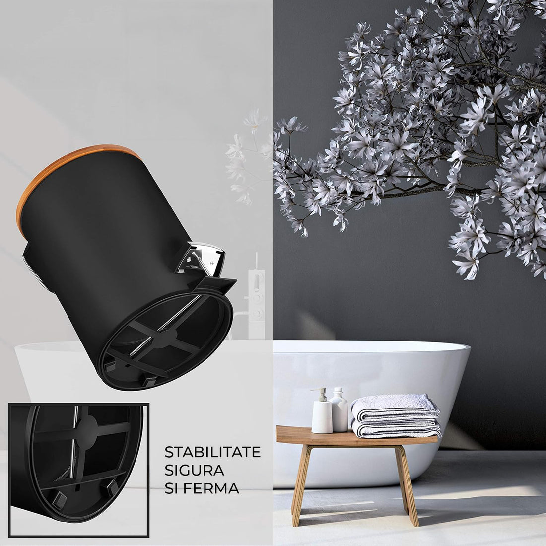 Cos de Gunoi Bucatarie Elindor® cu Pedala, cu Capac din Bambus, Capacitate 3L, Galeata Detasabila, Maner Transport, Multifunctional, Ideal in Bucatarie, Baie, Birou, Camara, Living, Dormitor, Potrivit pentru Colectare Selectiva, Negru