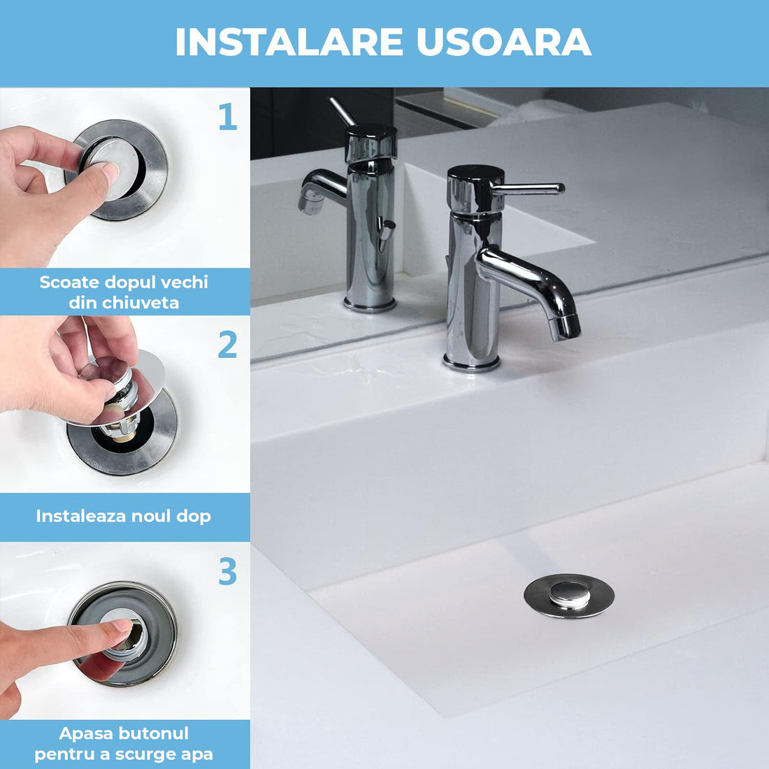 Dop Universal pentru Chiuveta Elindor, Dop de Scurgere Tip Pop-Up pentru Guri de Scurgere, Universal, cu Filtru pentru Par Anti-Infundare, Sita de Scurgere pentru Chiuveta de Baie sau Bucatarie, Argintiu