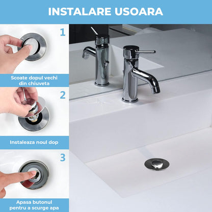 Dop Universal pentru Chiuveta Elindor, Dop de Scurgere Tip Pop-Up pentru Guri de Scurgere, Universal, cu Filtru pentru Par Anti-Infundare, Sita de Scurgere pentru Chiuveta de Baie sau Bucatarie, Argintiu