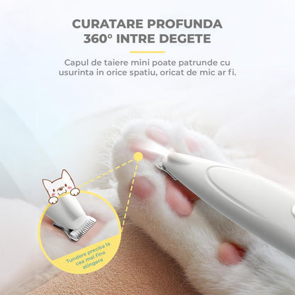 Masina de Tuns Elindor®, pentru Animale de Companie, Caini si Pisici, Lama din Otel Inoxidabil, Acumulator 1200mAh, 6500 RPM, Silentios, Aparat fara Fir cu Lumina LED, Perie Trimmer Ideala pentru Labute, Urechi, Fata si Ochi, Alb