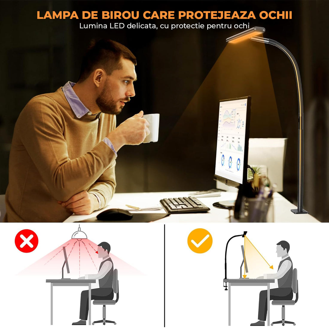 Lampa LED de Birou Elindor® Ultra Wide, Luminozitate si Temperatura Lumina Reglabila, Clema de Prindere, Gat Reglabil, Temperatura Lumina 2700-6500K, Latime 44 cm, Negru